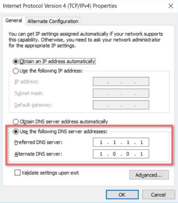 Hướng Dẫn Sử Dụng 1.1.1.1 Để Truy Cập Vào Site Yo88 An Toàn 3 Cài đặt DNS 1.1.1.1 trên máy tính Windows thông qua Internet Protocol Version 4.